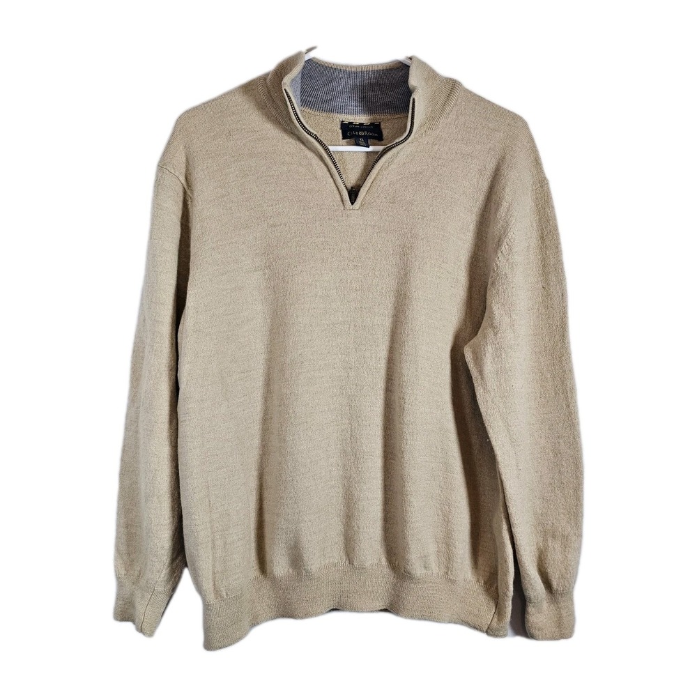 Club Room Sweater Mens Large (Tag XL Fits L) Tan Merino Wool 1/4 Zip Pullover‎